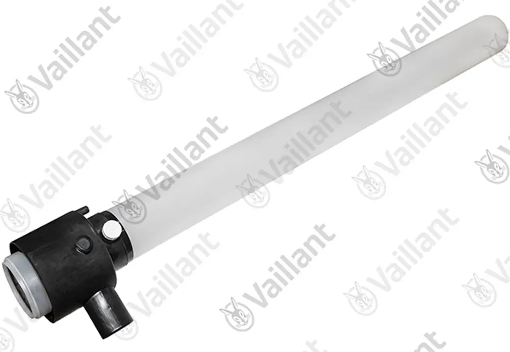 Vaillant Abgasrohr mit schwarzem Anschluss und langer, transparenter Röhrenstruktur zur Ableitung von Abgasen.